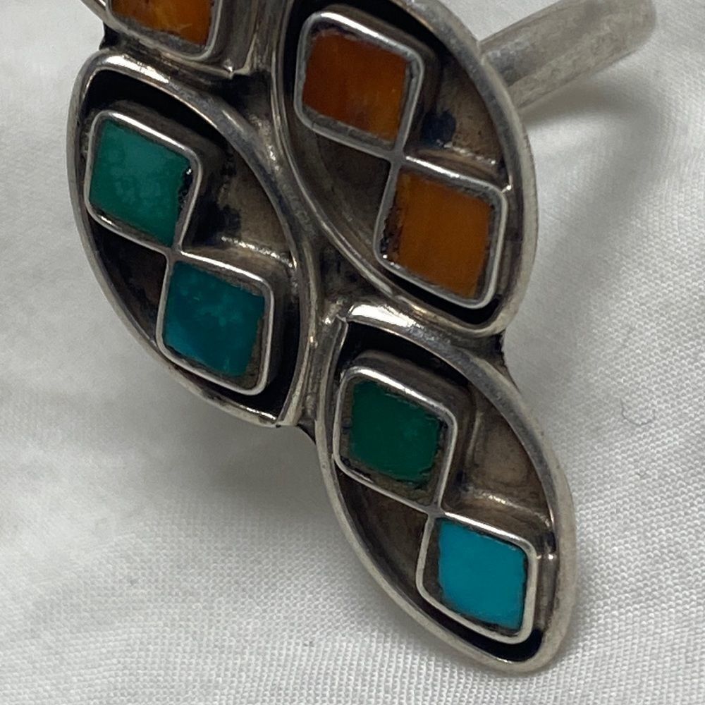 Vintage Southwestern Navajo Turquoise Coral & Sterling Silver Old Pawn Ring - Picture 9 of 14